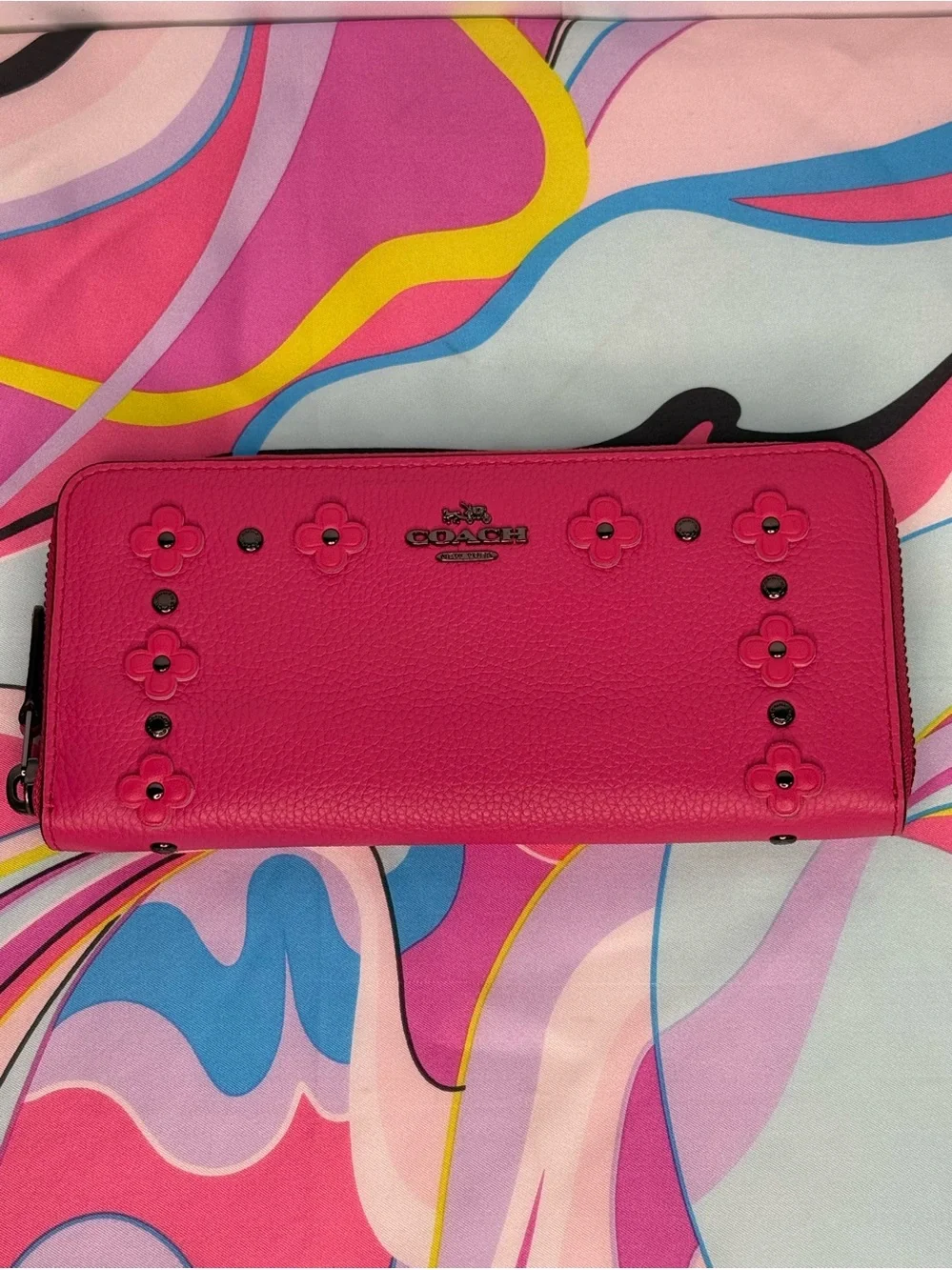 Coach Hot Pink Leather Floral Stud Zip Wallet
